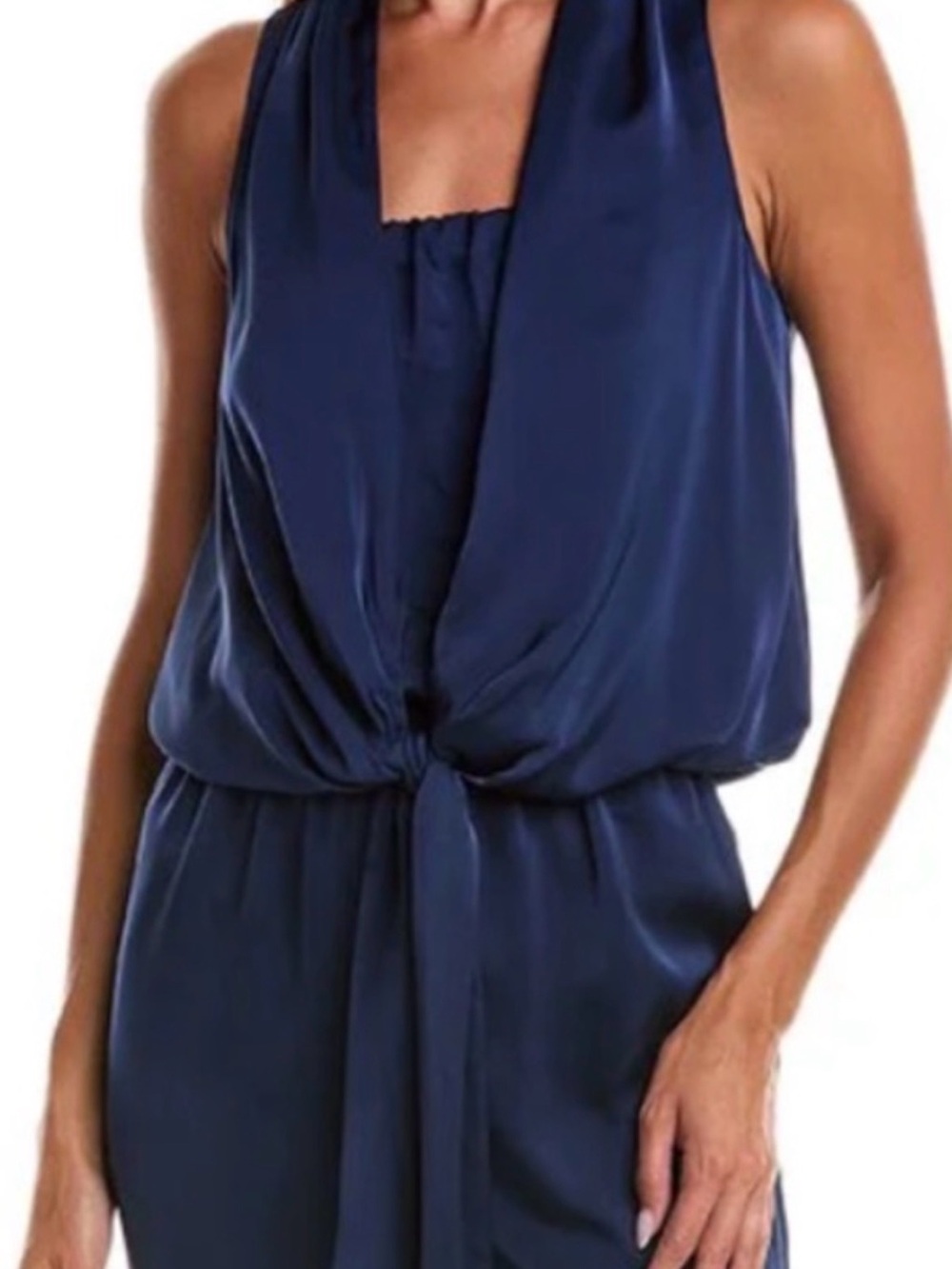Ramy Brook Sleeveless Navy Draped Jumpsuit with Waist Tie and strapless underlay